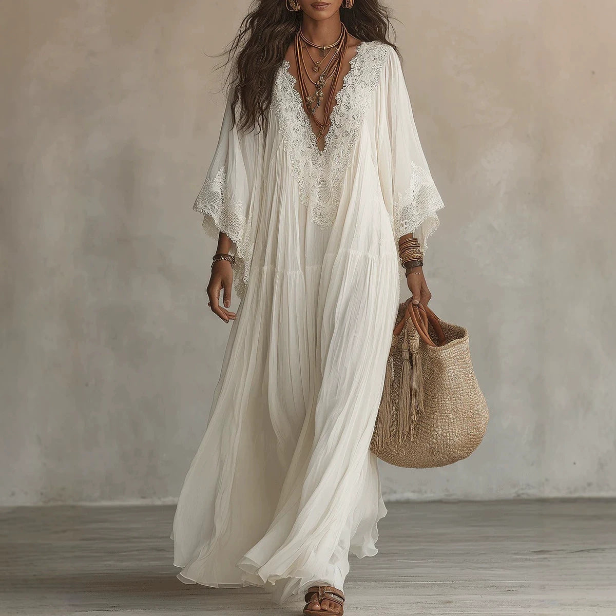 Lace patchwork V-neck long vacation beach dress 