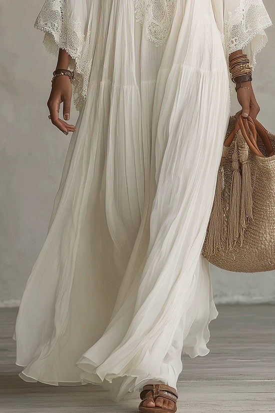 Lace patchwork V-neck long vacation beach dress 