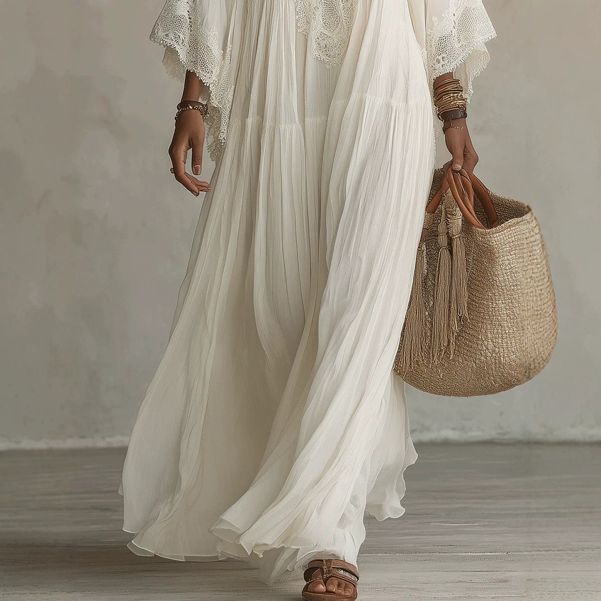 Lace patchwork V-neck long vacation beach dress 