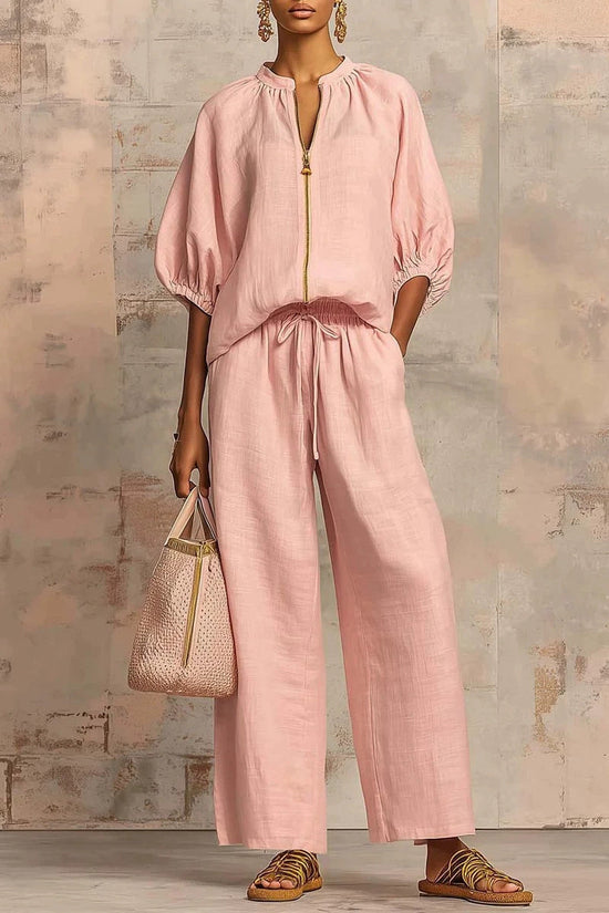 Summer Women's Casual Loose Solid Color Zipper Round Neck Wide Leg Pants Set 