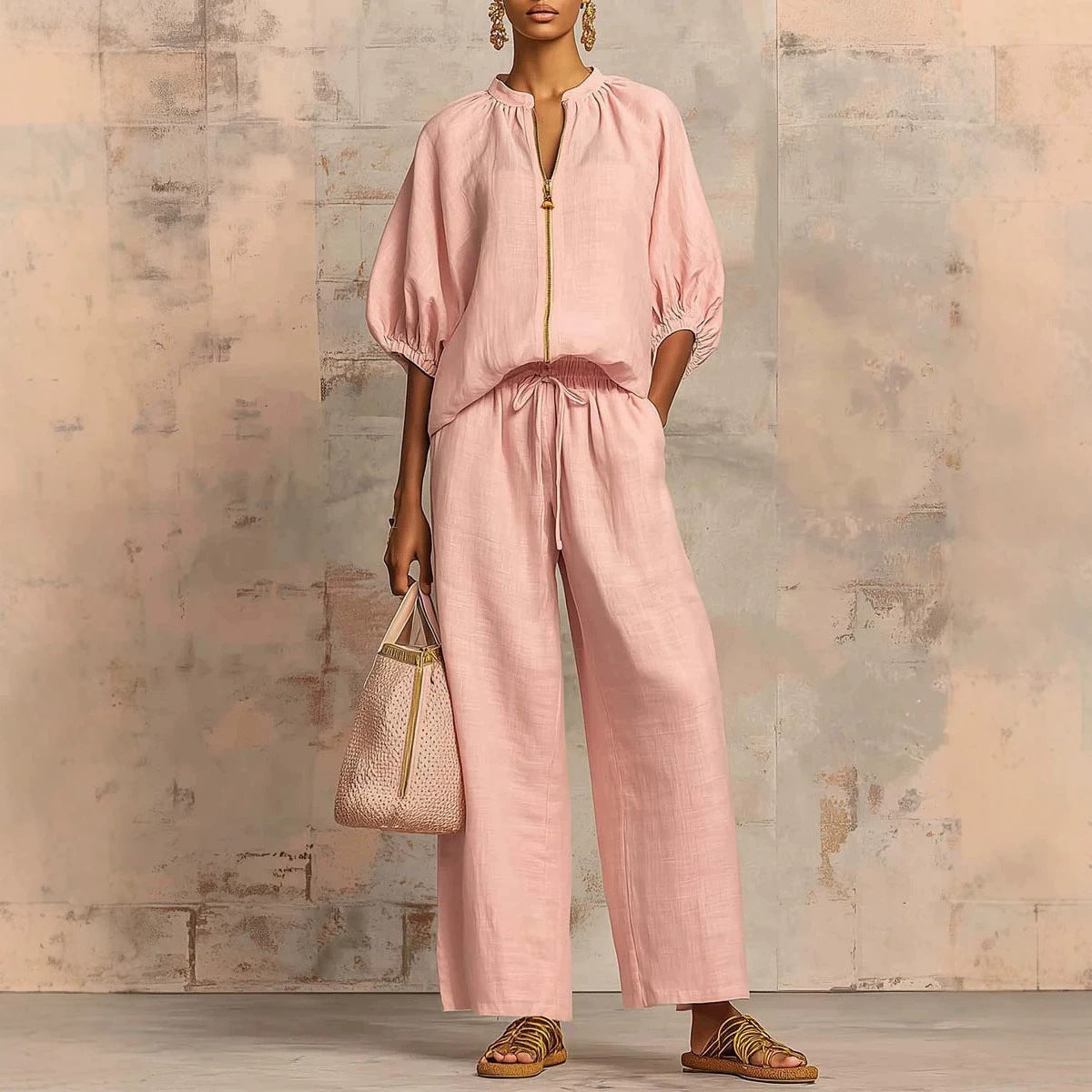 Summer Women's Casual Loose Solid Color Zipper Round Neck Wide Leg Pants Set 