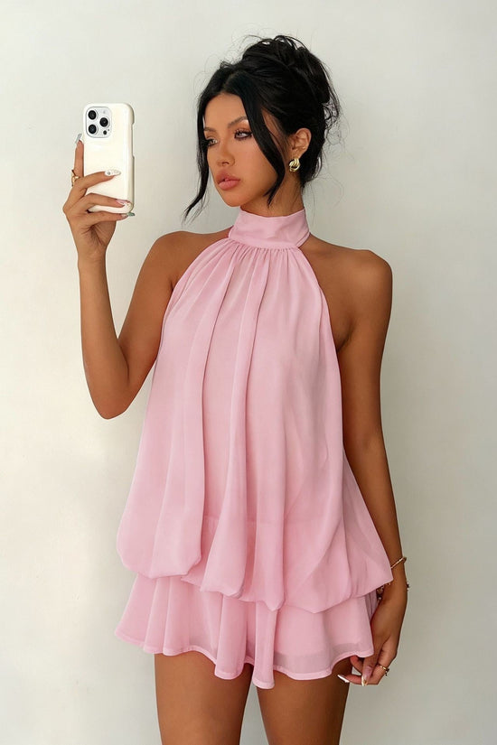 Women's vacation fitted sexy backless halter neck tie-waist dress with puffy short skirt 