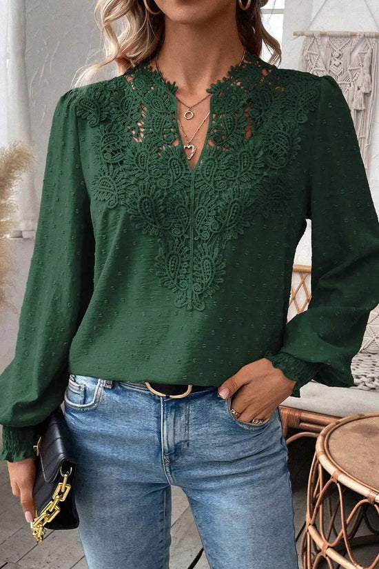 Swiss Dot Lace Detail Notched Long Sleeve Blouse 