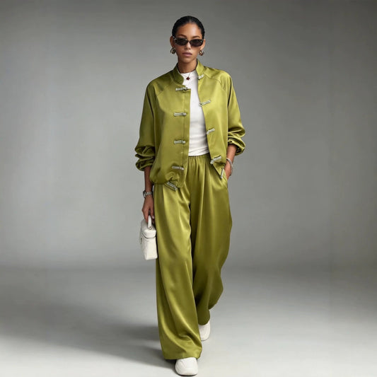 Satin set with hanging wide leg pants and drawstring two-piece set 