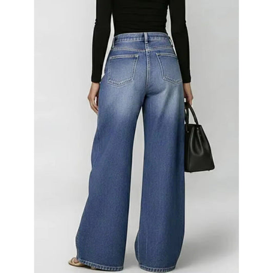 New jeans for women, metal eyelet design, casual loose high-waisted wide-leg jeans 