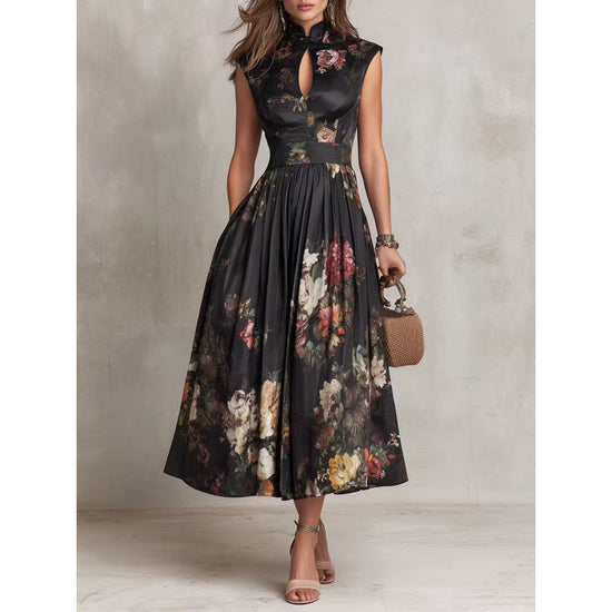 Sleeveless black three-dimensional floral print long skirt slim fit dress 