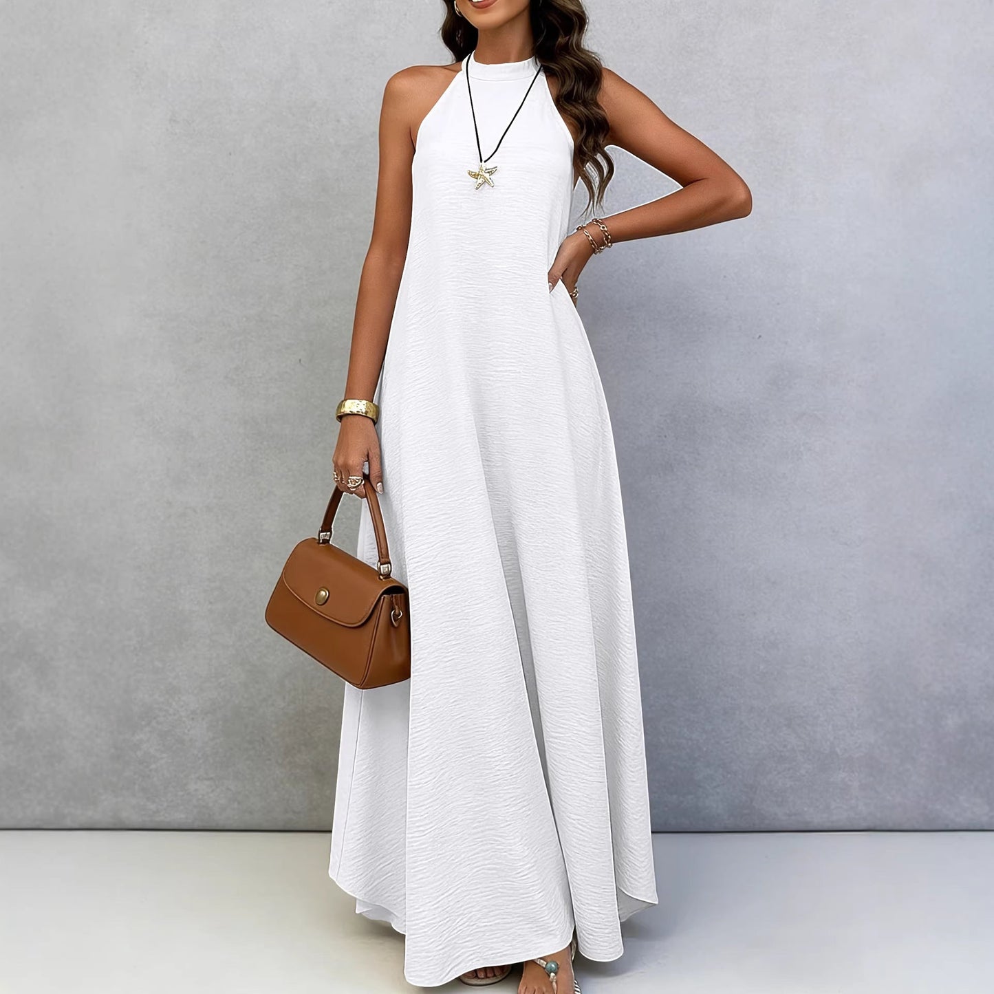 Women Summer Ice Silk Wrinkle Loose Plus Size Sleeveless Solid Color Swing Long Maxi Dress Vacation Style 