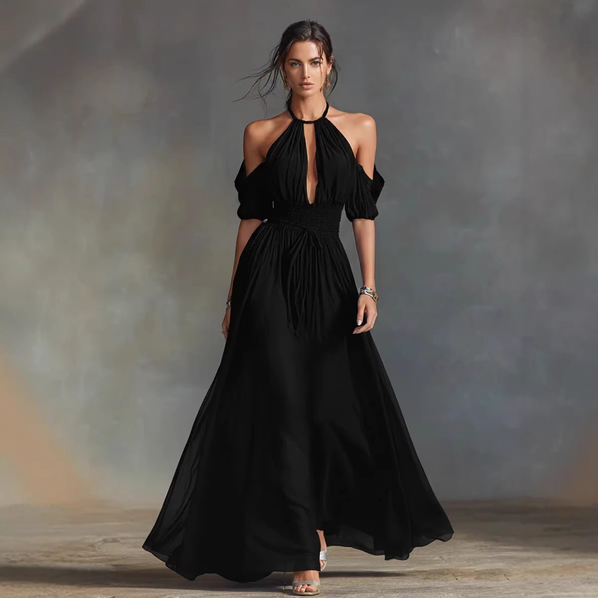 Womens Solid-Colored Halter Maxi Dress 