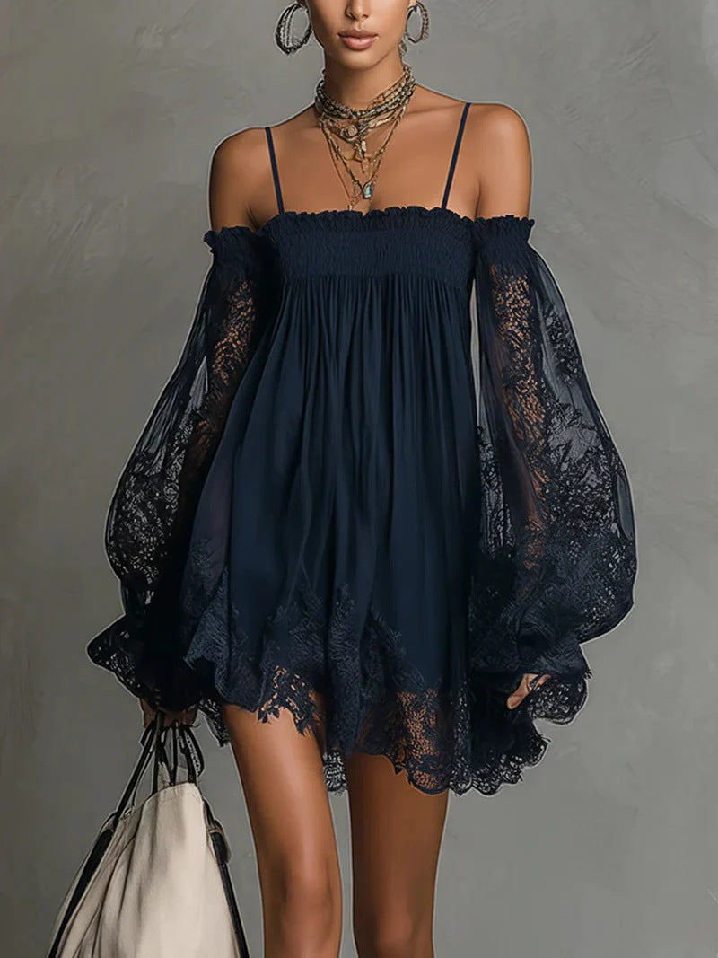 Long-sleeve Slip Dress In Solid Color With A Stretchy Boat Neck And Lace Detailing 