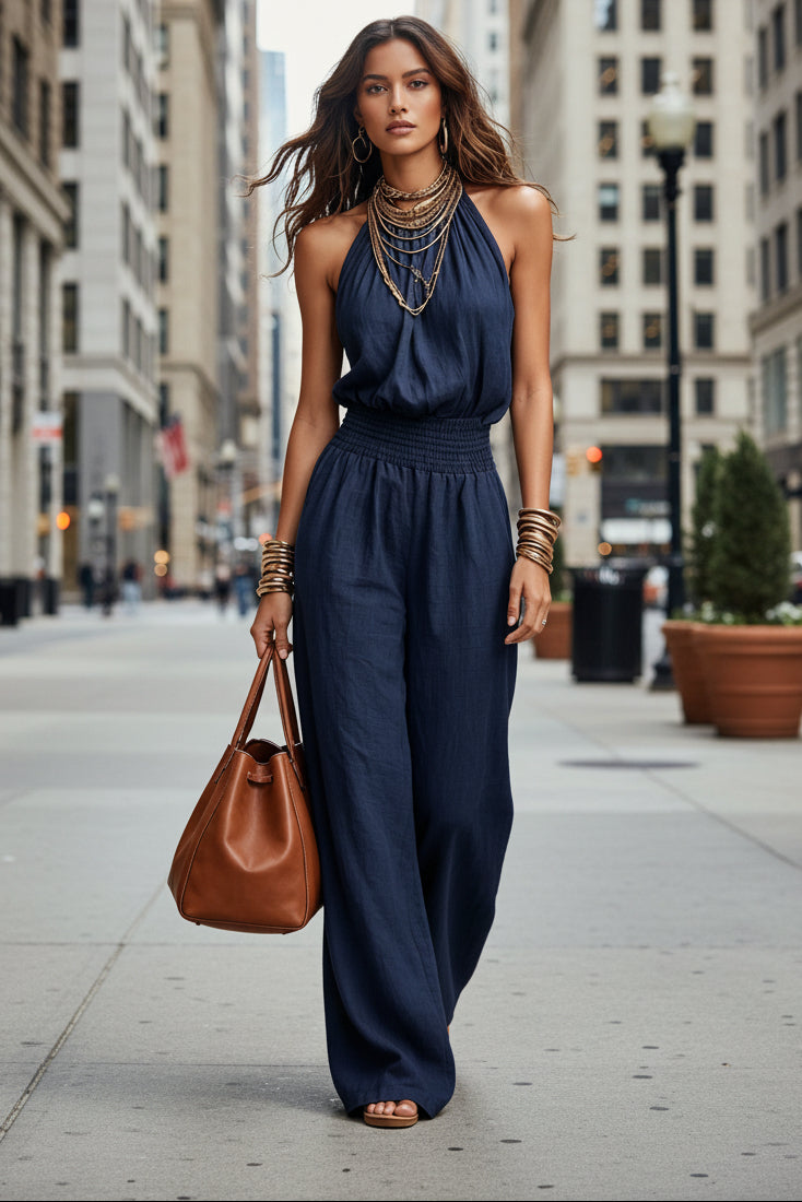 Womens Sleeveless Backless Cinched Waist Lace-up Halter Wide-leg Jumpsuit 