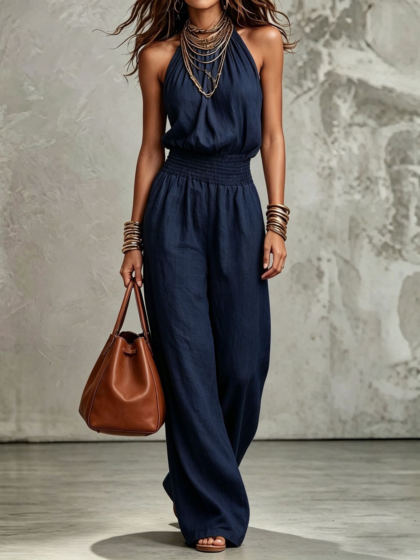 Womens Sleeveless Backless Cinched Waist Lace-up Halter Wide-leg Jumpsuit 