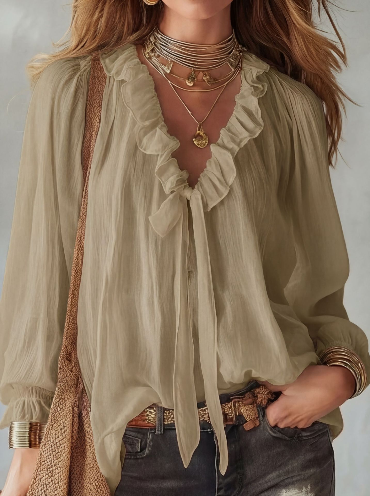 Fashionable V-neck Loose-fit Shirt Top 