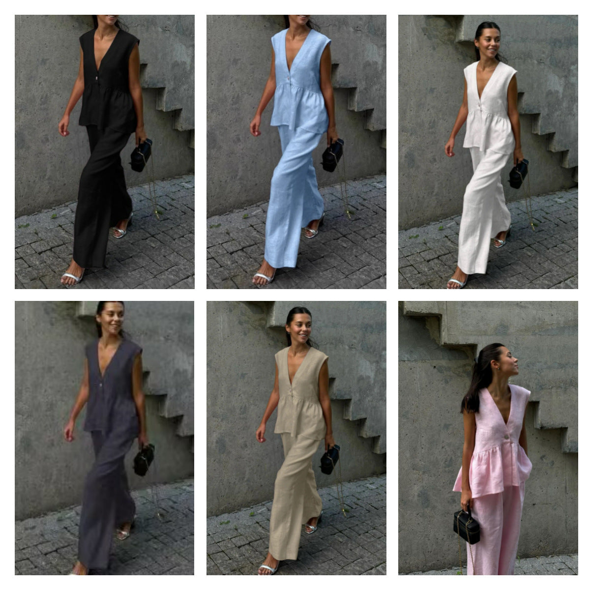 Womens Cotton V-Neck Sleeveless Vest And Wide-Leg Pants Set 