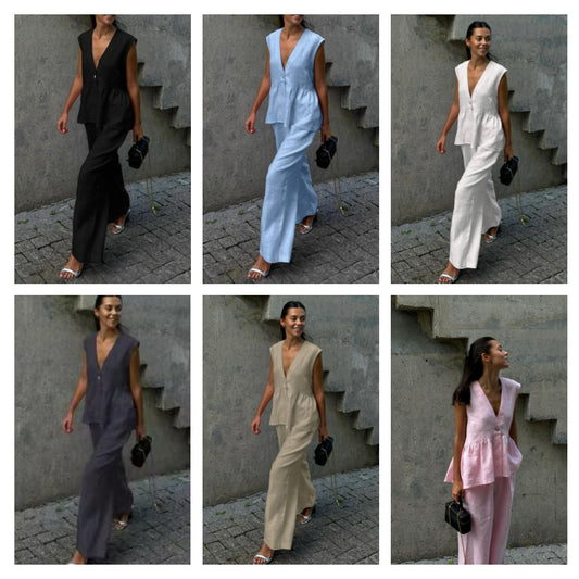 Womens Cotton V-Neck Sleeveless Vest And Wide-Leg Pants Set 