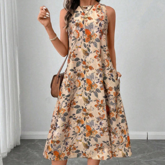Womens Printed All-Match Sleeveless Pocketed Dress 