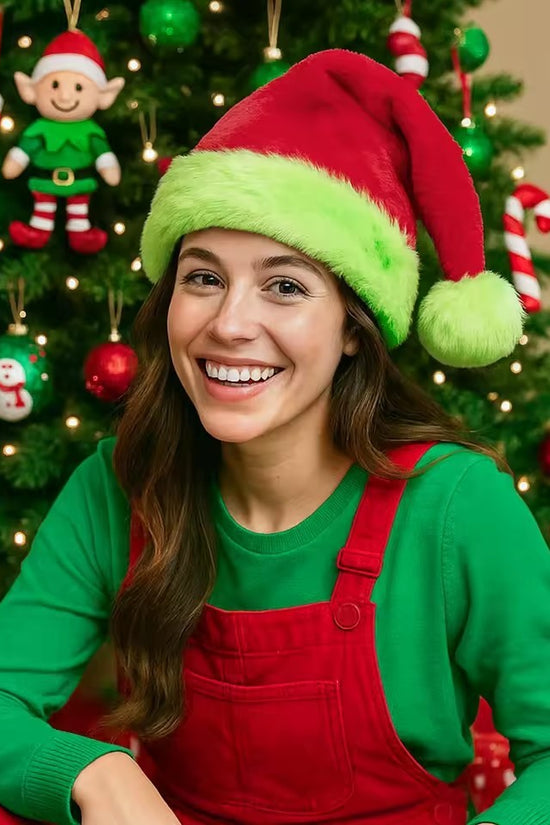Fluorescent Green Decorative Red Suede Double Layer Christmas Hat CJ