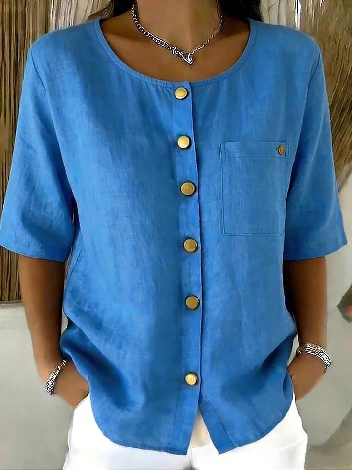 Womens Crew-Neck Shirt With Metal Buttons And Three-Quarter Sleeves 