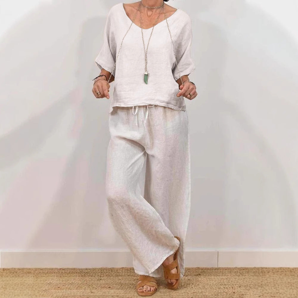 Womens Multi-Color Two-Piece Set Casual V-Neck Pullover With Three-Quarter Sleeves And Extended Pants 
