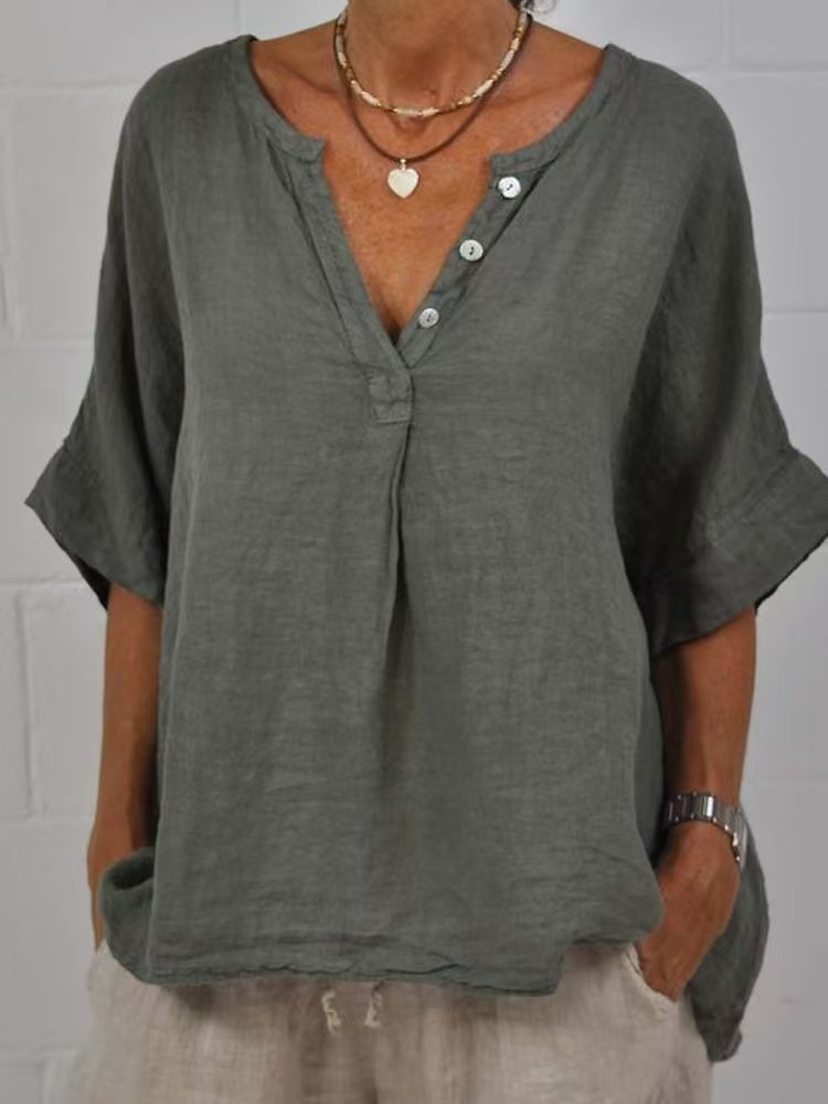 Cotton-linen Solid-color Door-cuff V-neck Button-up Shirt 