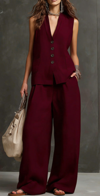 Women's Linen 2-Piece Outfit, Sleeveless Vest & Wide Leg Pants Set 