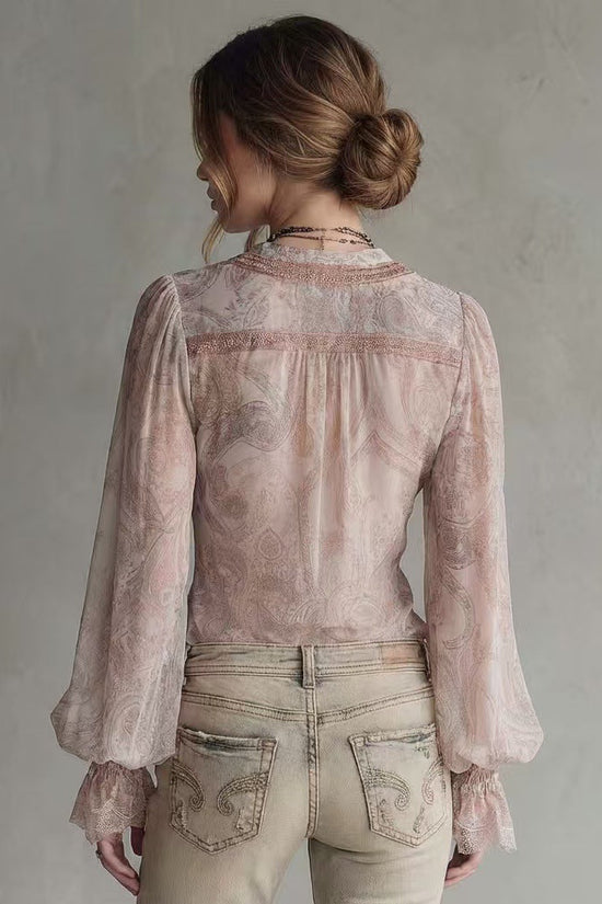 Maillard Pure & Seductive Chic Design Fake Two-Piece Knotted Lace Flared Sleeve Top 