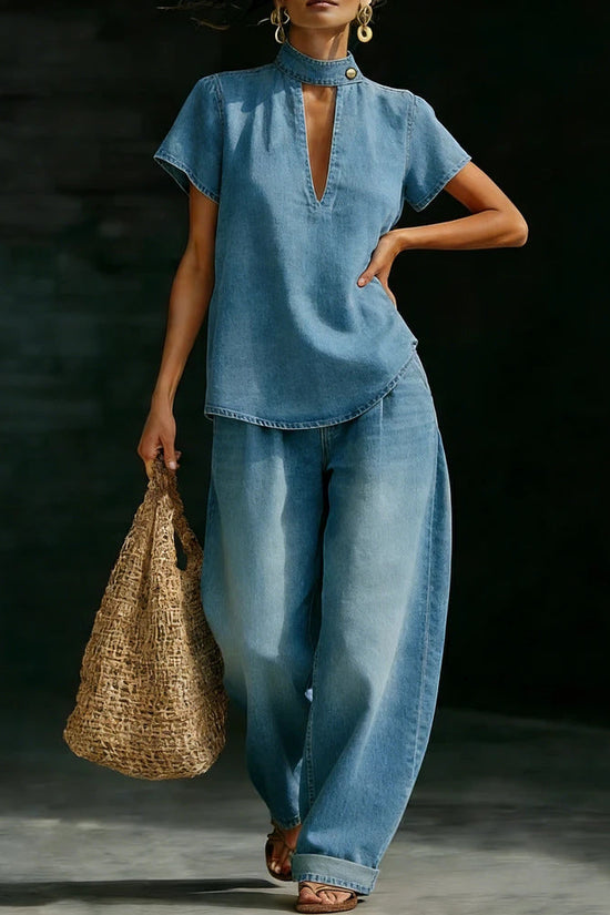 Solid-color Short-sleeve Casual Loose-fit Faux Denim Two-piece Set 