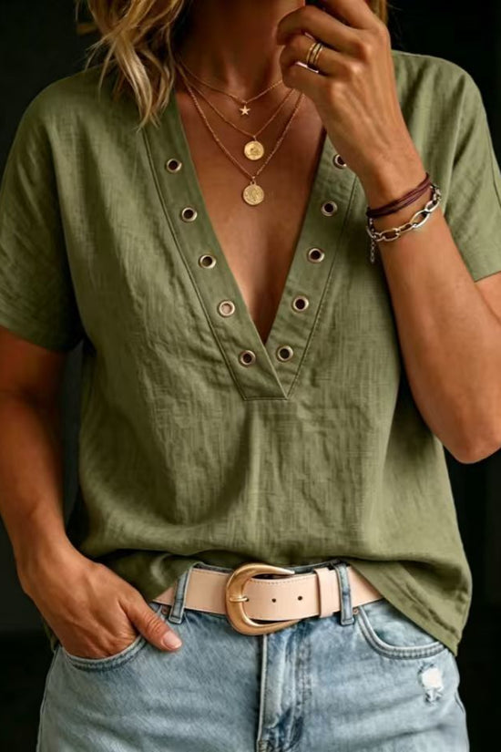 Loose-fitting Casual V-neck Short-sleeve Solid-color Womens Shirt 