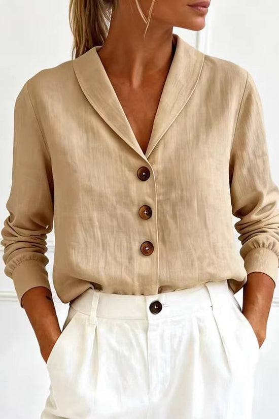 Fashionable Cotton-Linen Long-Sleeve Peter Pan Collar Button-Up Shirt 