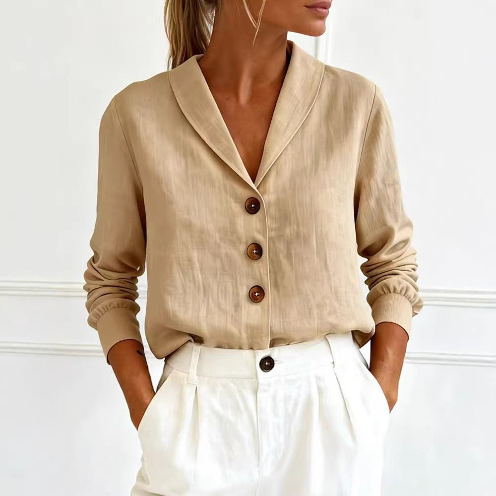 Fashionable Cotton-Linen Long-Sleeve Peter Pan Collar Button-Up Shirt 