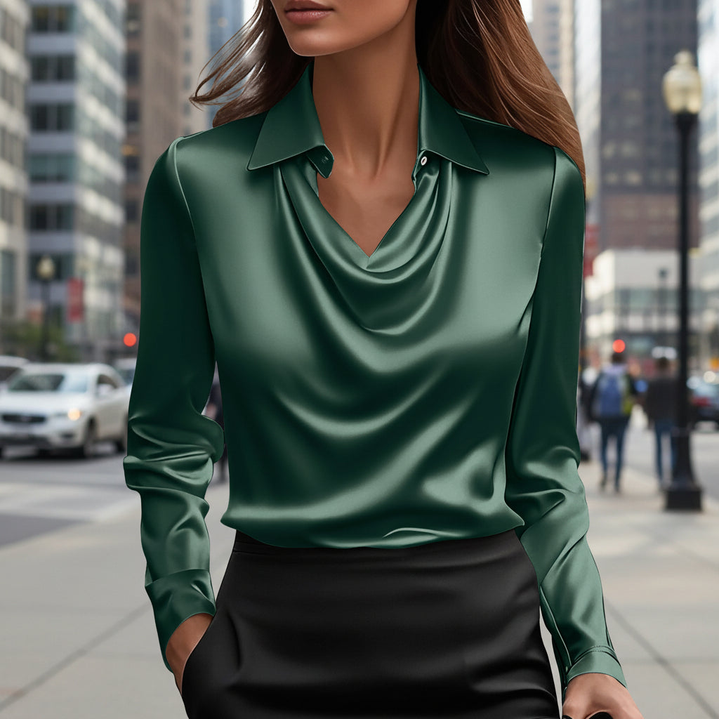 Spring And Autumn Temperament Long Sleeve Satin Swing Collar Top Shirt For Women 