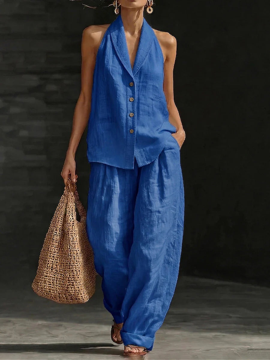 Wide-leg Pants Suit Womens Cotton-linen Fashionable Two-piece Set 