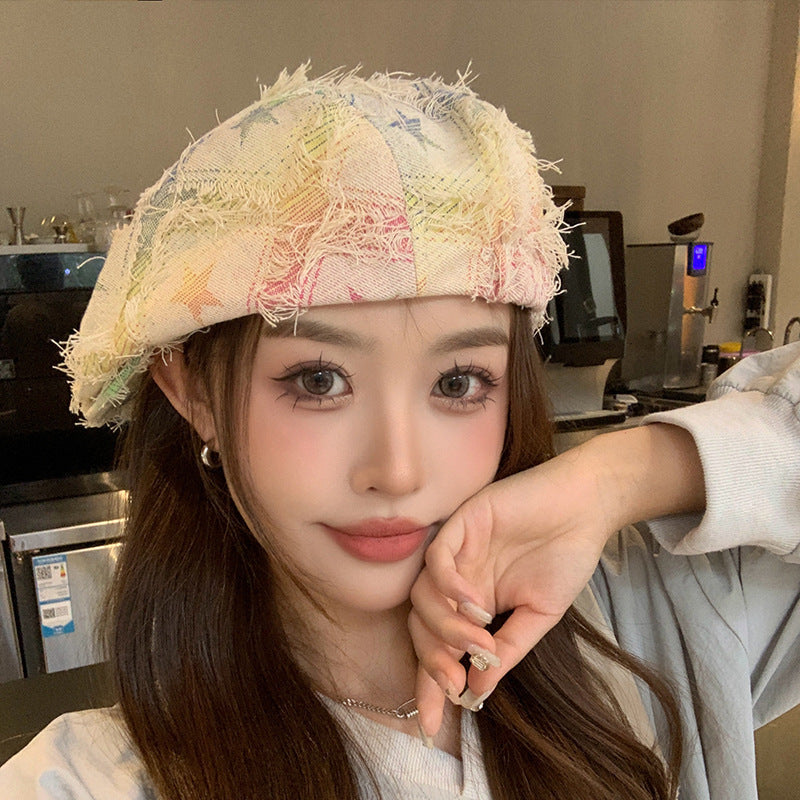 Colorful Plaid Five-pointed Star Advance Hats Women's Korean-style Anti-wear Distressed Edging Beret CJ