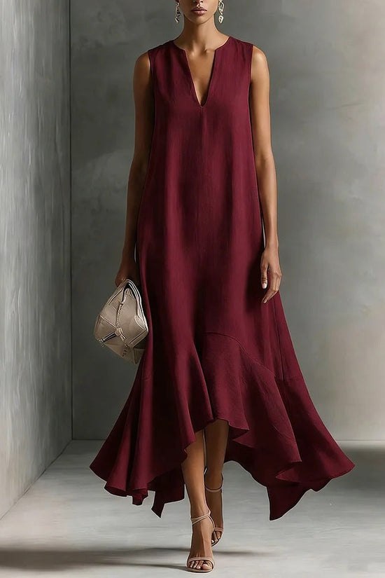 New Stylish Deep V-Neck Sleeveless Elegant Asymmetrical Hemline Dress 