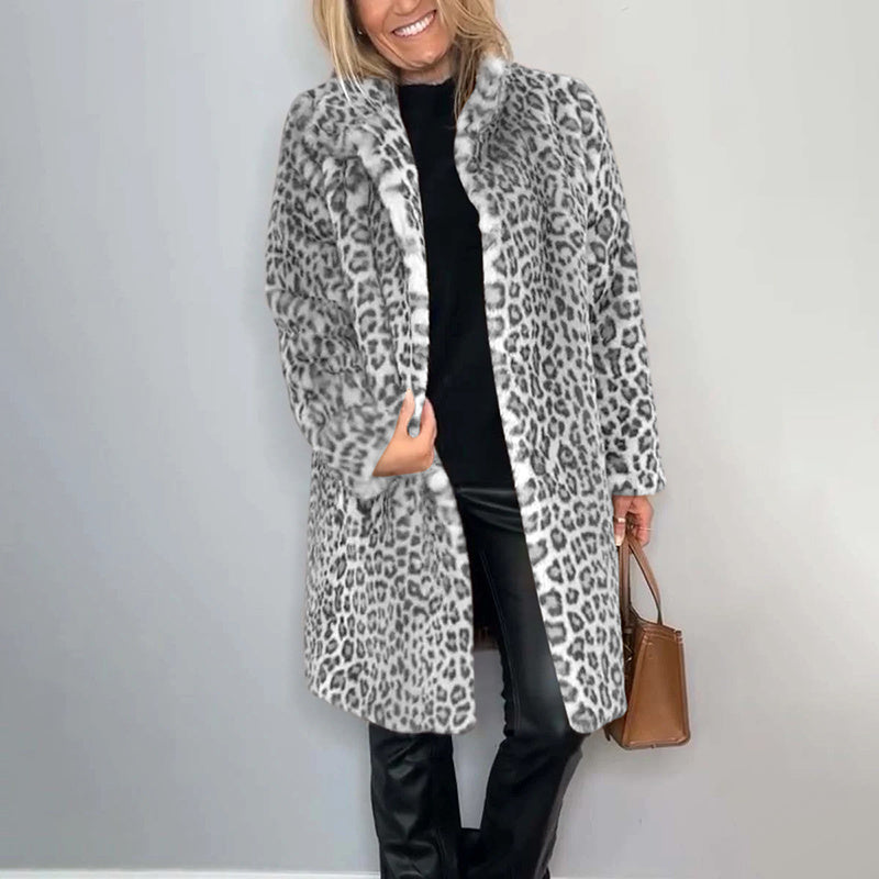 Women's Leopard Print Plush Jacket, Cozy Loose-Fit Warm Coat Elegant Medium-Length Fall Winter Outwear CJ US