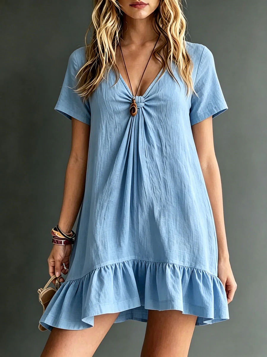 Womens Solid-Color V-Neck Short-Sleeve Casual Dress 