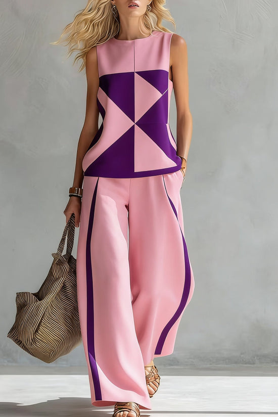 Women's Casual Sleeveless Printed Wide-Leg Pants Two-Piece Set 
