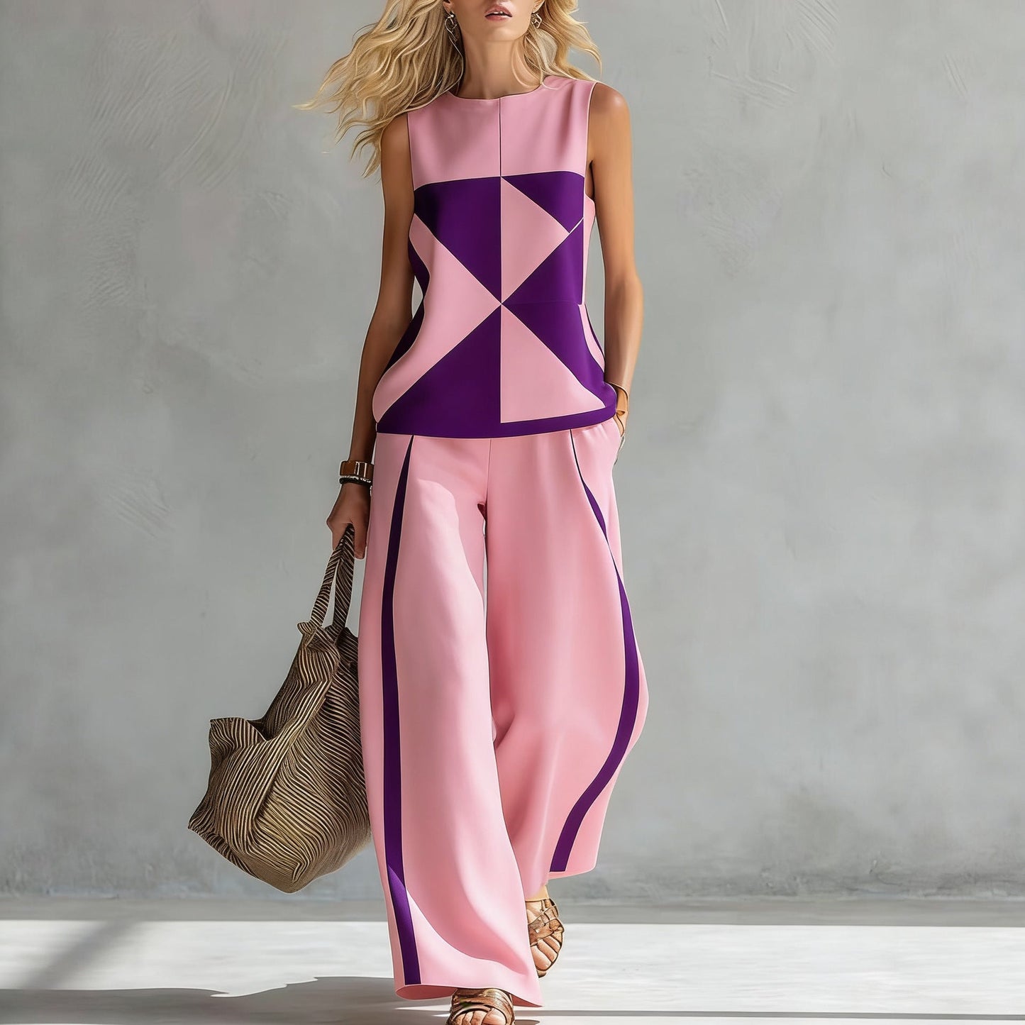 Women's Casual Sleeveless Printed Wide-Leg Pants Two-Piece Set 