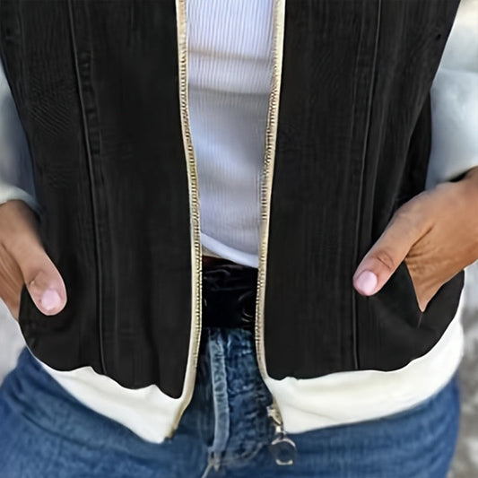 Women's Denim Patchwork Zip-Up Jacket Stand Collar Casual Coat With Button-Decorated Flap Pockets Fall Winter Fashion Outerwear CJ US