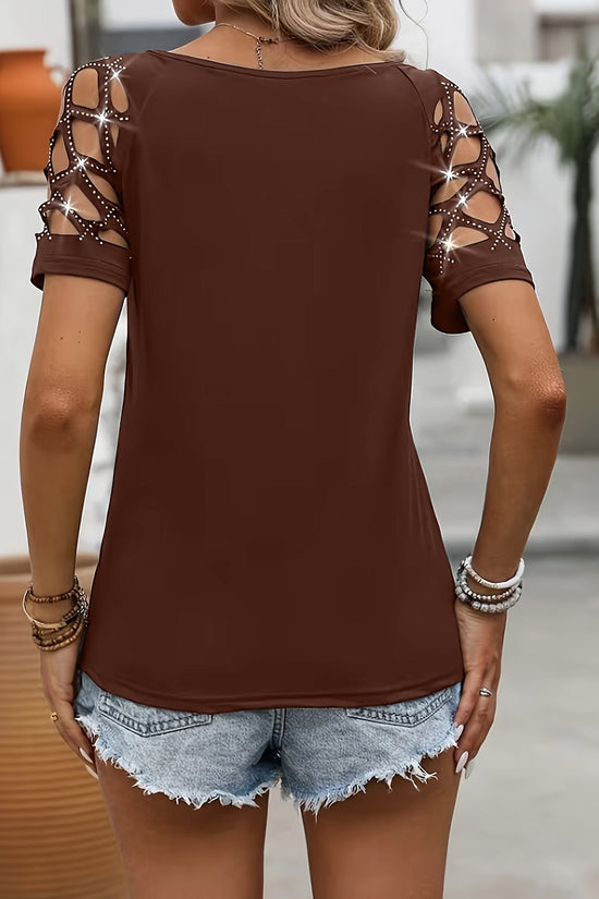Womens Chain Hollow-out Hot-studded Short-sleeve Top 