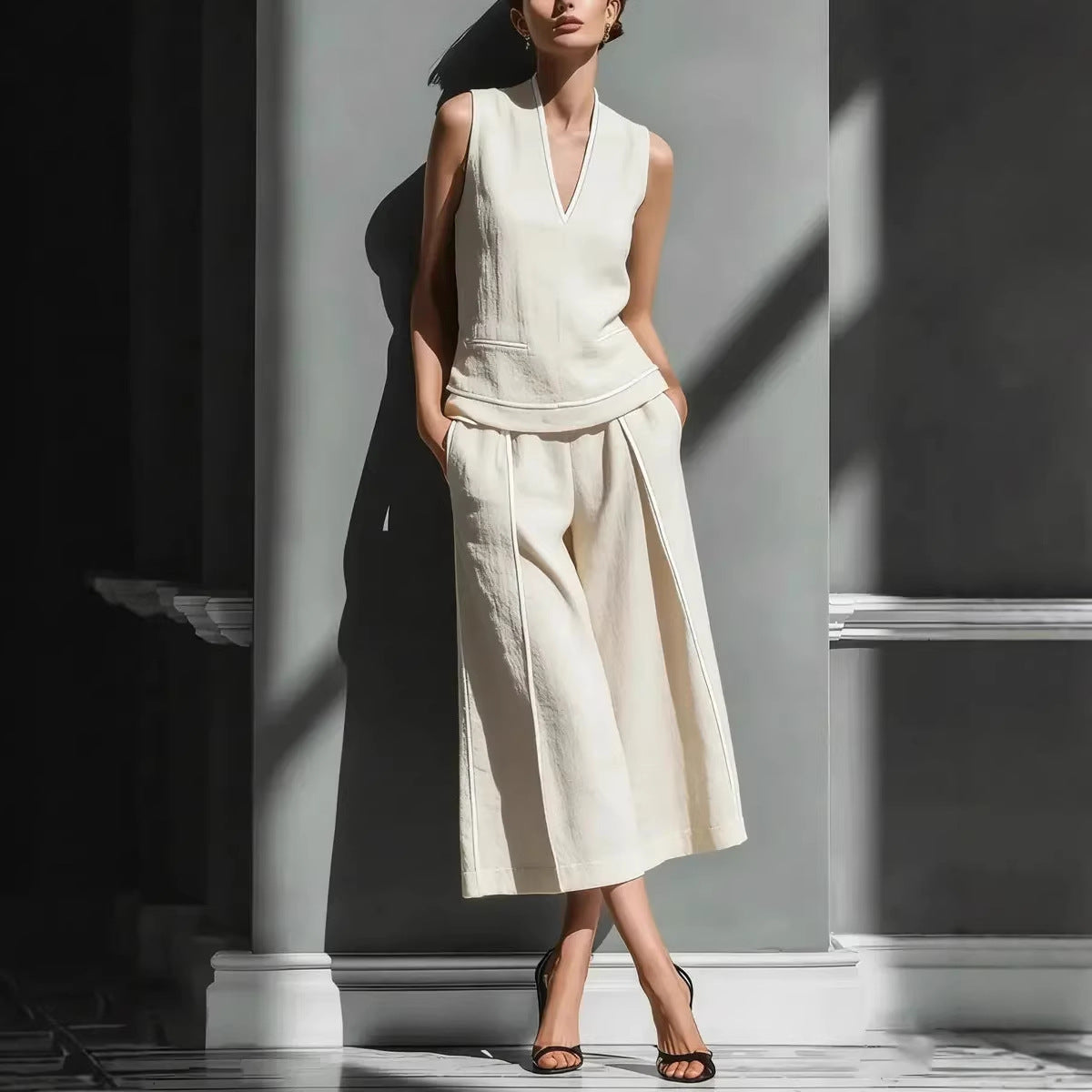 Casual Comfort Womens Sleeveless Linen Shirt Set 