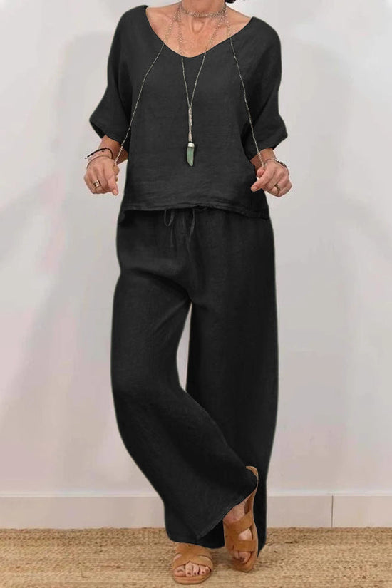 Womens Multi-Color Two-Piece Set Casual V-Neck Pullover With Three-Quarter Sleeves And Extended Pants 