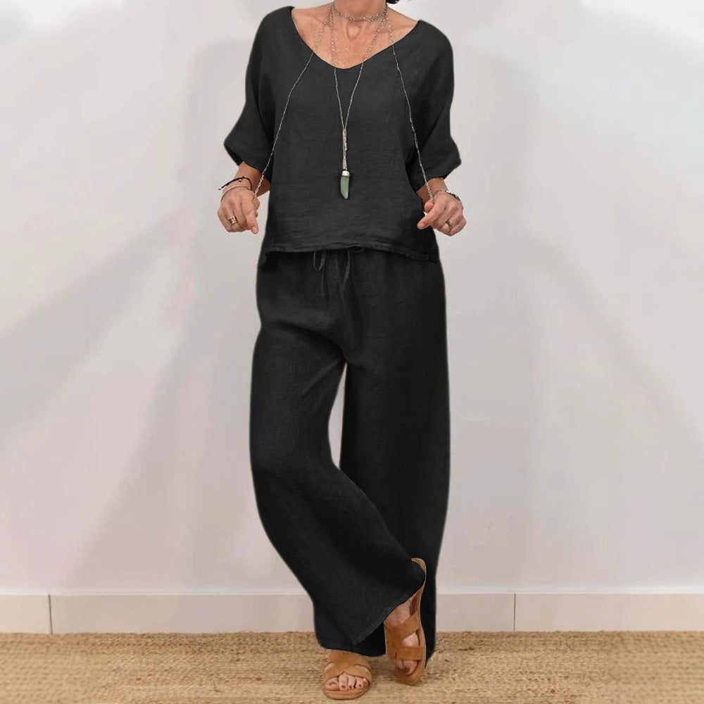 Womens Multi-Color Two-Piece Set Casual V-Neck Pullover With Three-Quarter Sleeves And Extended Pants 
