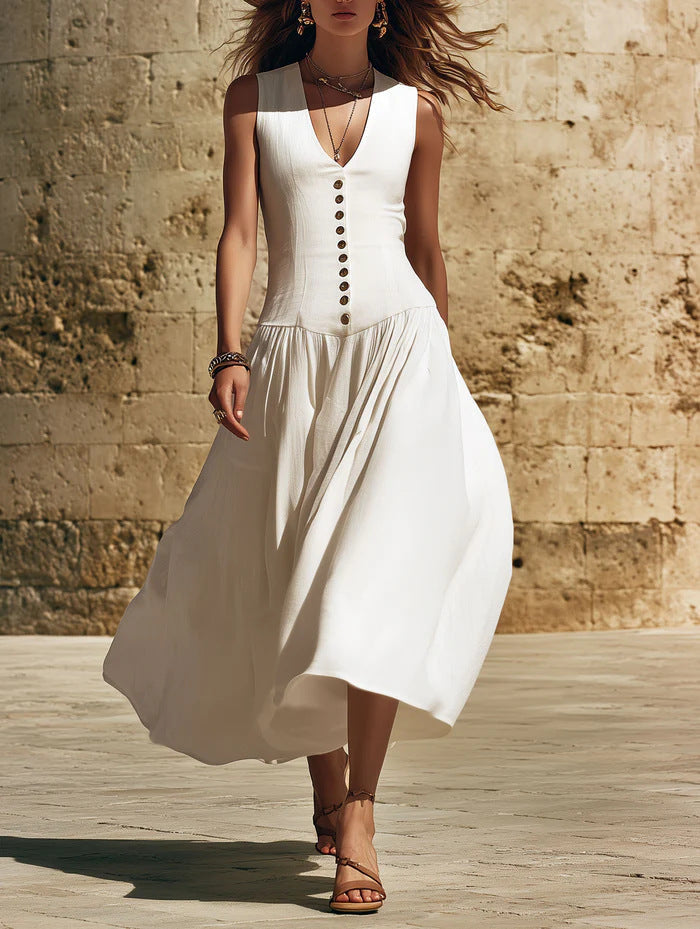 V-Neck Buttoned Chic Elegant Sleeveless Cotton-Linen Dress 