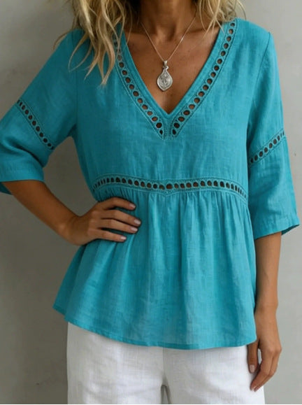 Solid-color V-neck Hollow-out Casual Fringed Top 
