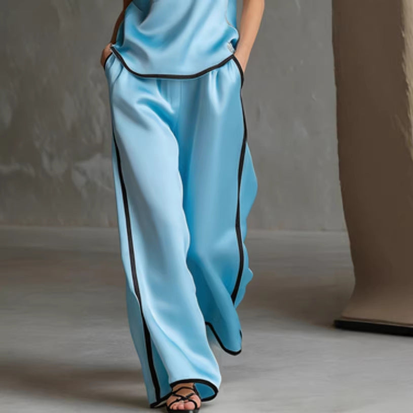 Sleeveless V-Neck Black Trim Contrast Color Simple Womens Top And Wide-Leg Pants Set 