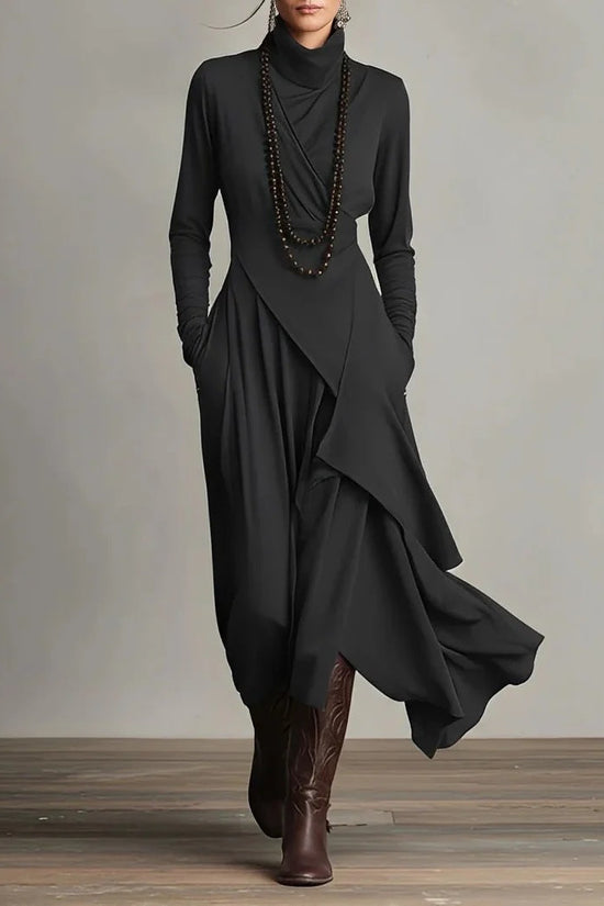 Solid Color Long Sleeve Cross Wrap High Neck Maxi Dress 