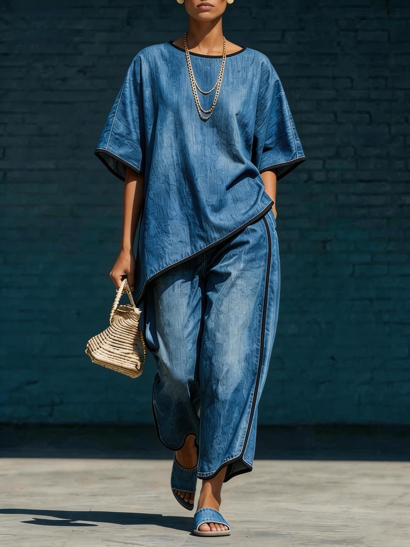 Elegant Casual Denim-Style Loose Wide-Leg Pants Two-Piece Set 
