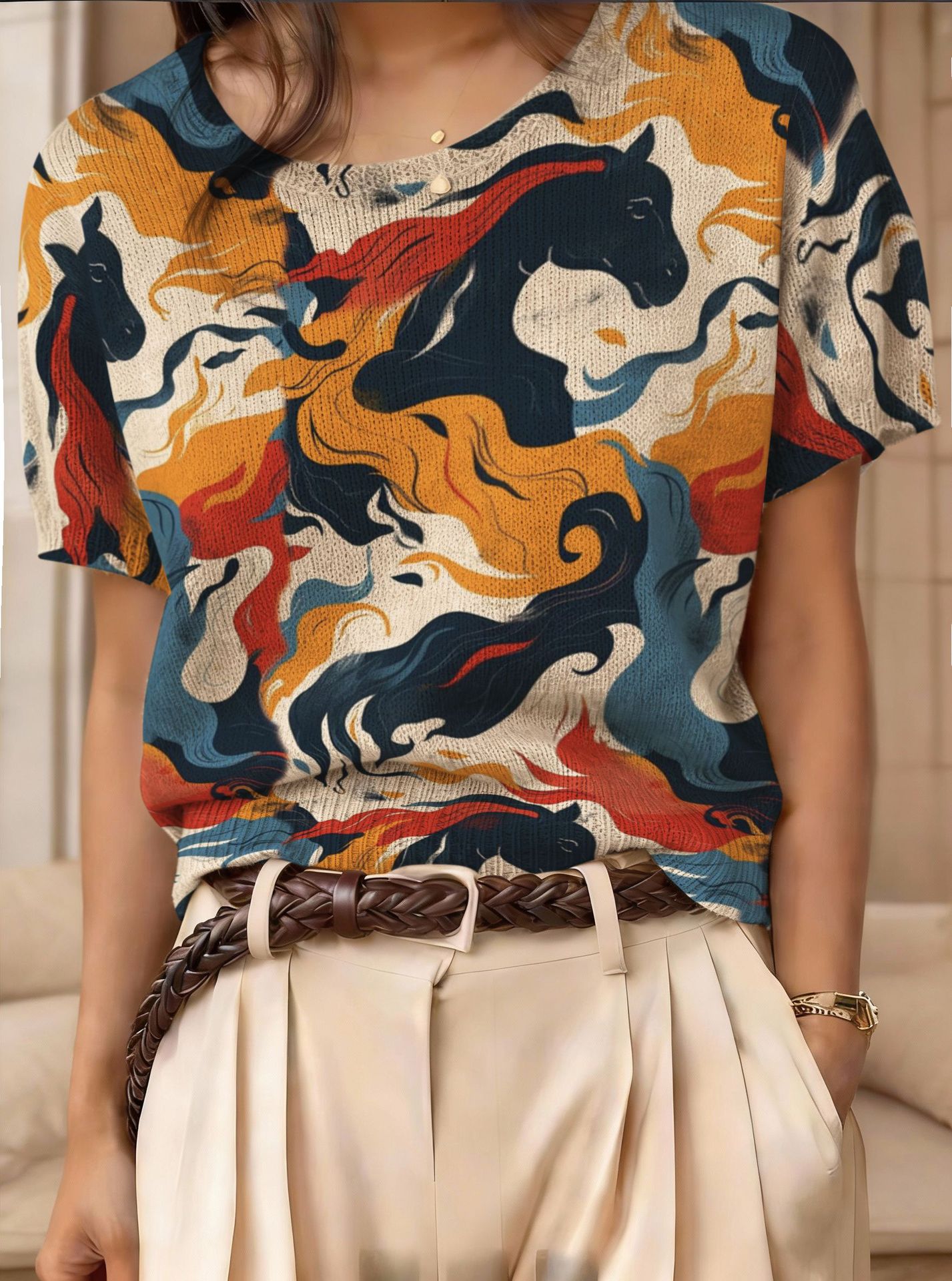 Retro Short-Sleeve Sweater Contrast-Color Jacquard Knit Top 