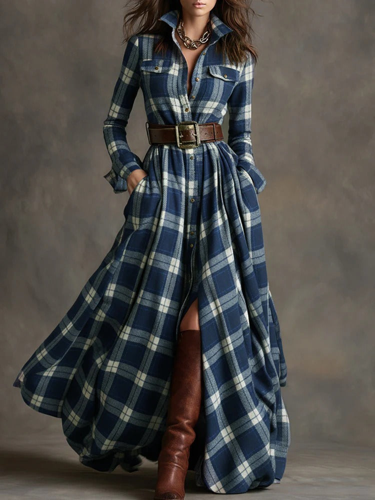 Ins Plaid Print Long-Sleeved Dress Fashion Pockets Collared Buttons Shirt Long Dresses Retro Women's Clothing 
