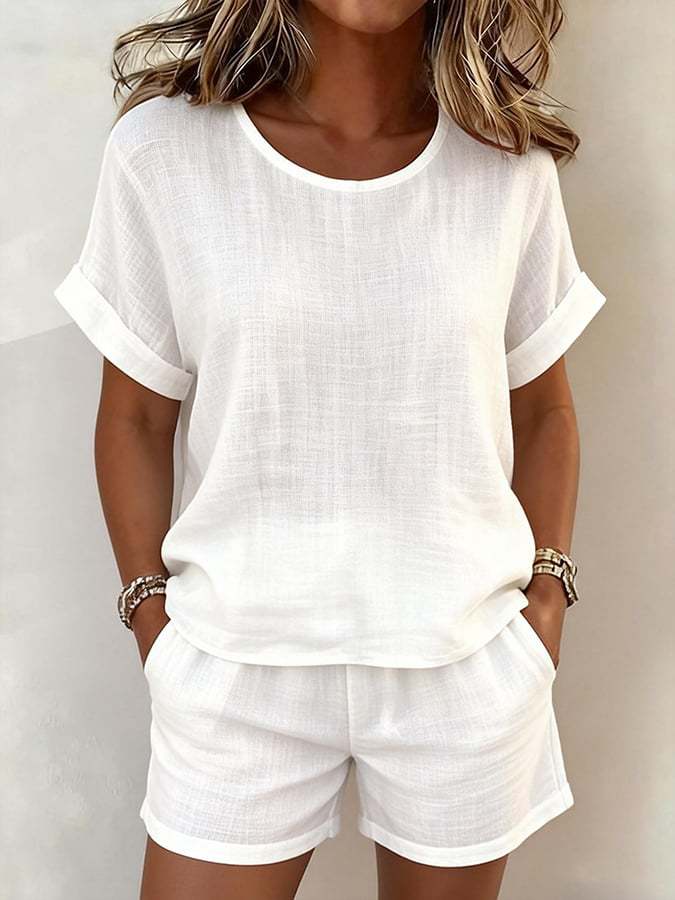Solid-color Casual Round-neck Short-sleeve Shorts Two-piece Set 